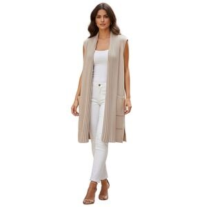Lafayette 148 New York‎ 100% Wool Longline Vest Beige Leather Pocket Shawl L